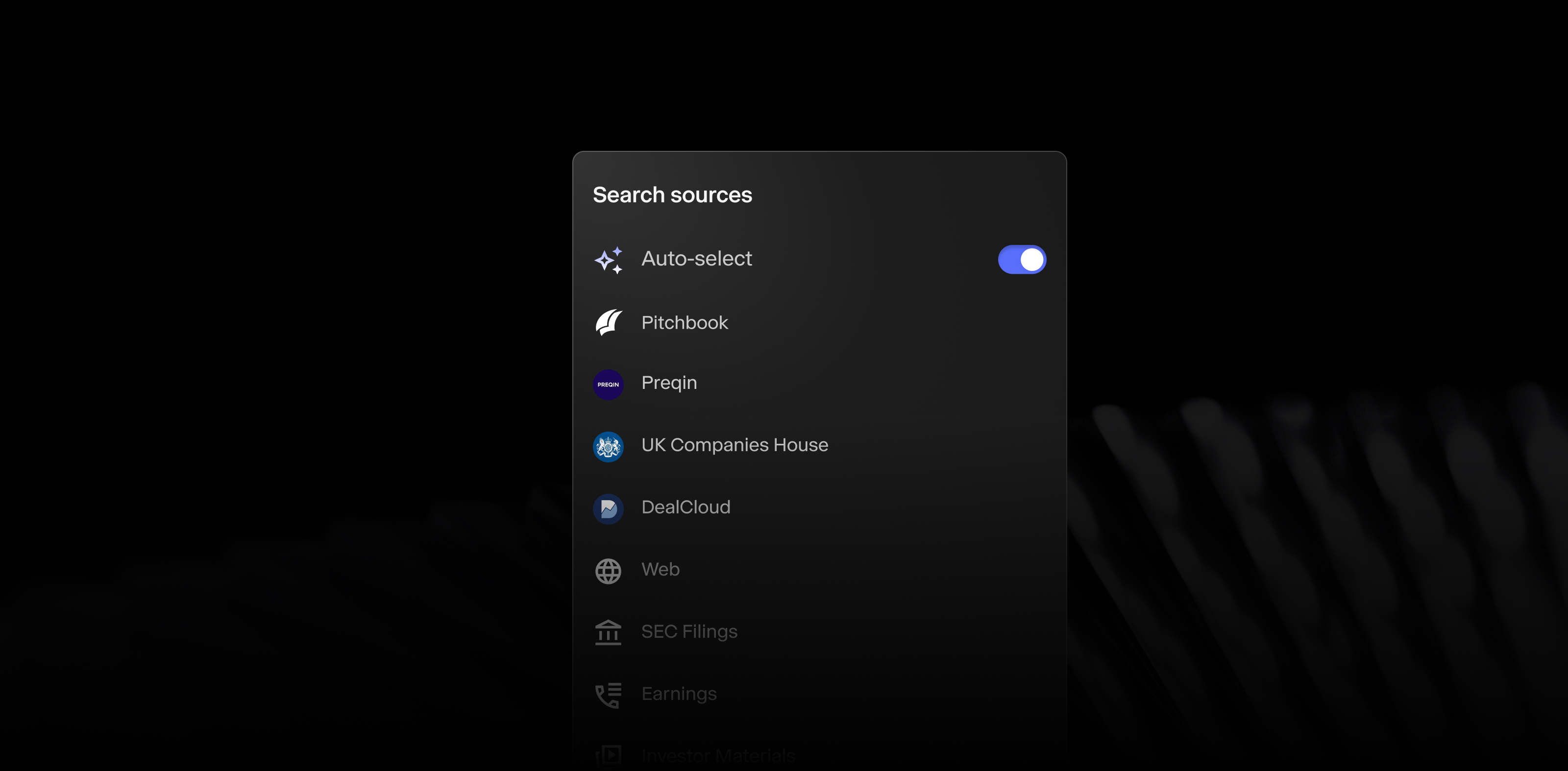 Never feel the friction of choosing which data to pull in again. Hebbia automatically detects the best data sources based on your prompt from the largest suite of industry-specific sources.