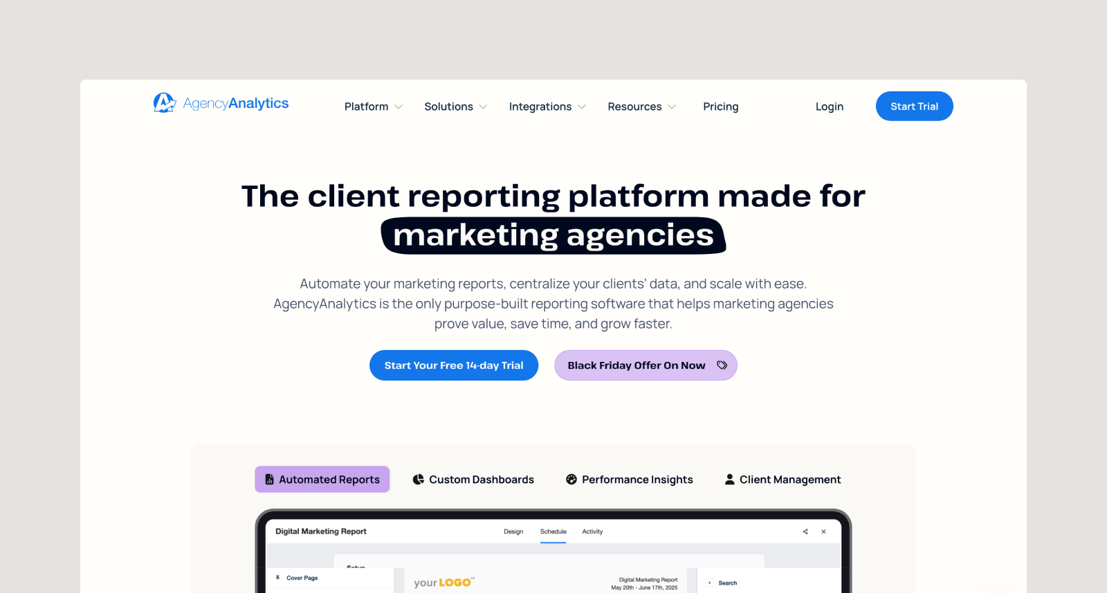 AgencyAnalytics’ homepage.