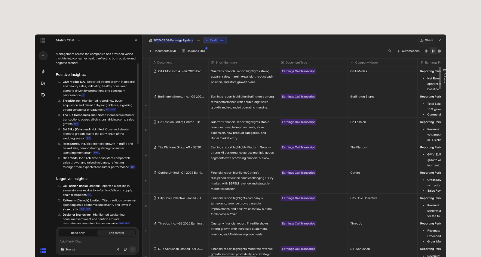 Screenshot of a Hebbia earnings transcript matrix, utilized by private credit teams.