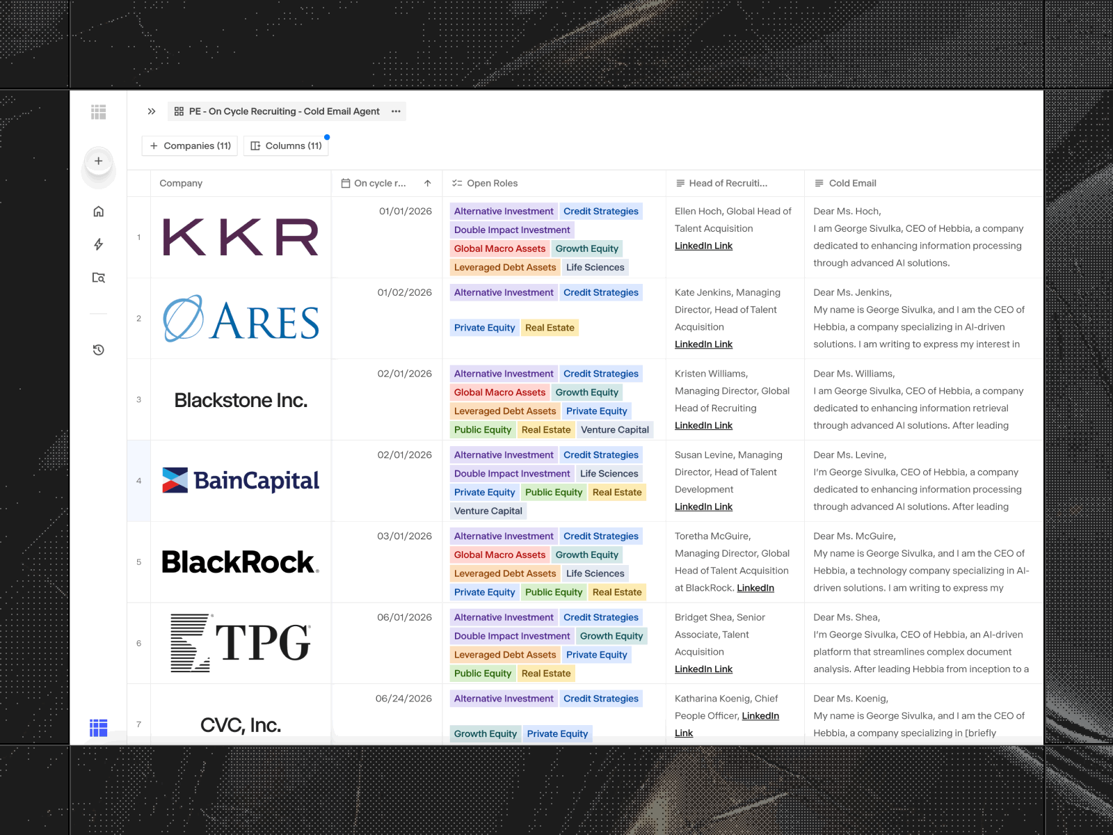 With Hebbia's Matrix you can spin up strip profiles and comps tables in minutes, with fields auto-populated from your documents and public data sources.
