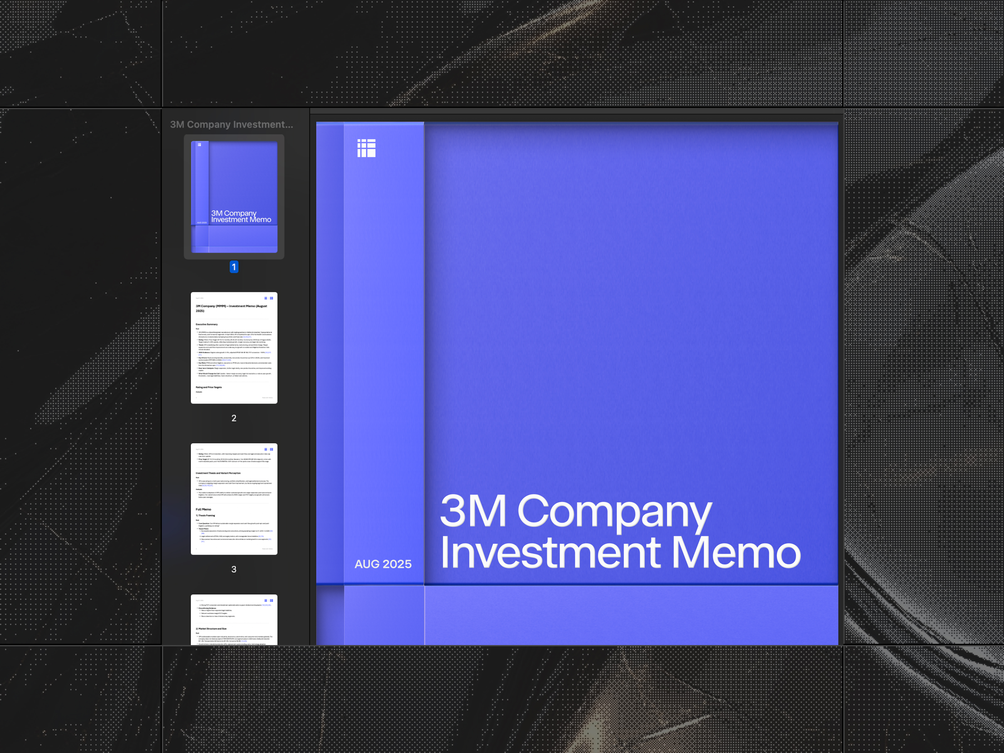 Generate memos, one-pagers, and research packs in minutes—ready to share with your team and MDs.
