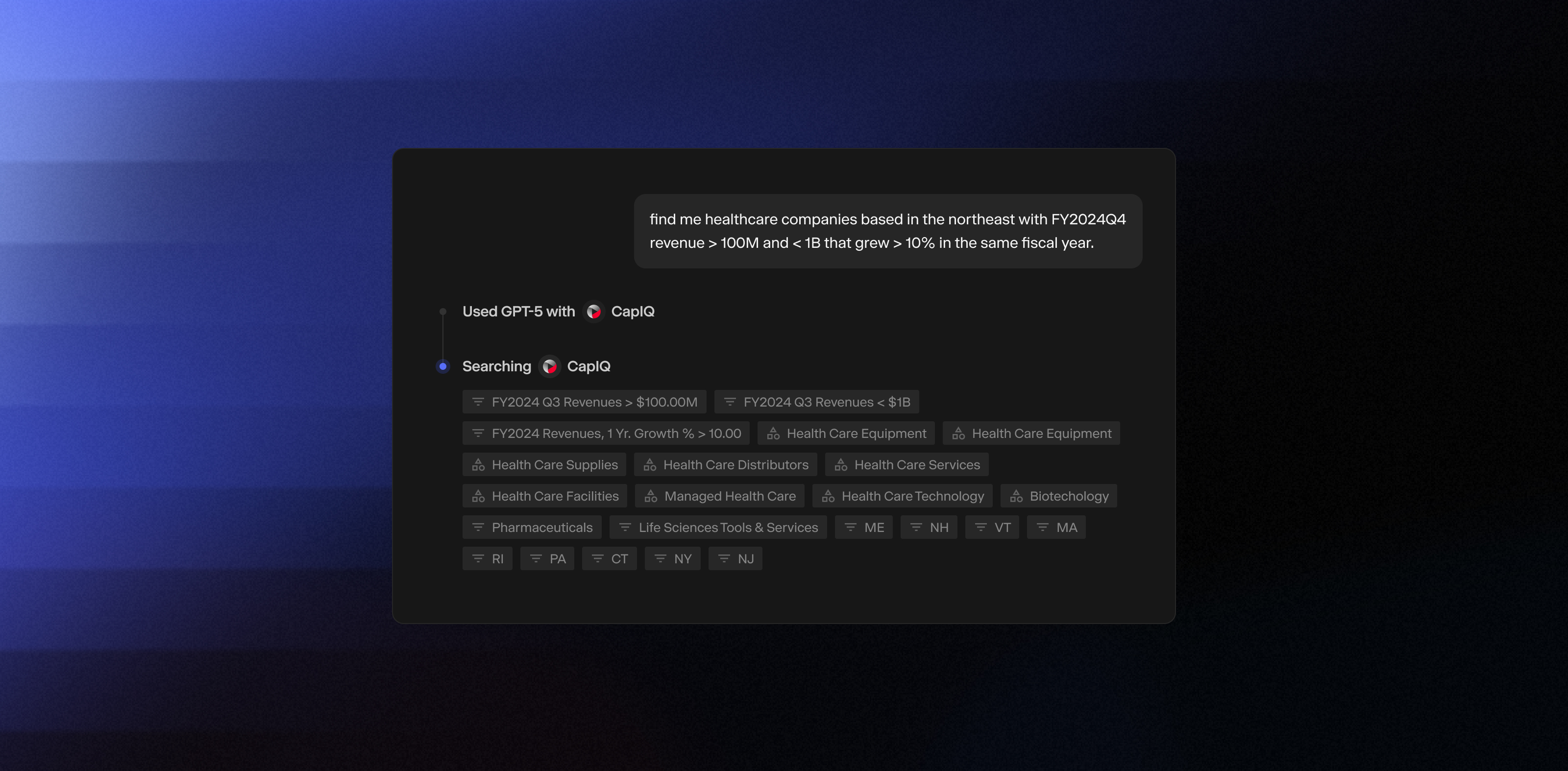 Image showing that in Hebbia, you can screen companies with multi-metric, range-based, and time-specific filters—plus location, industry, and founding year—so you can build more precise company universes in fewer steps.