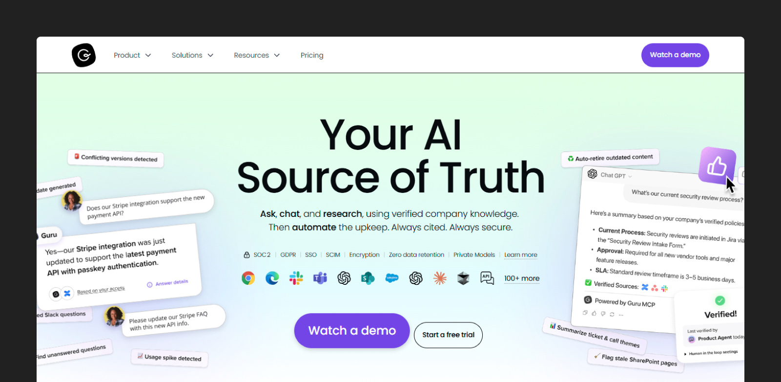 Screenshot of the Guru homepage 