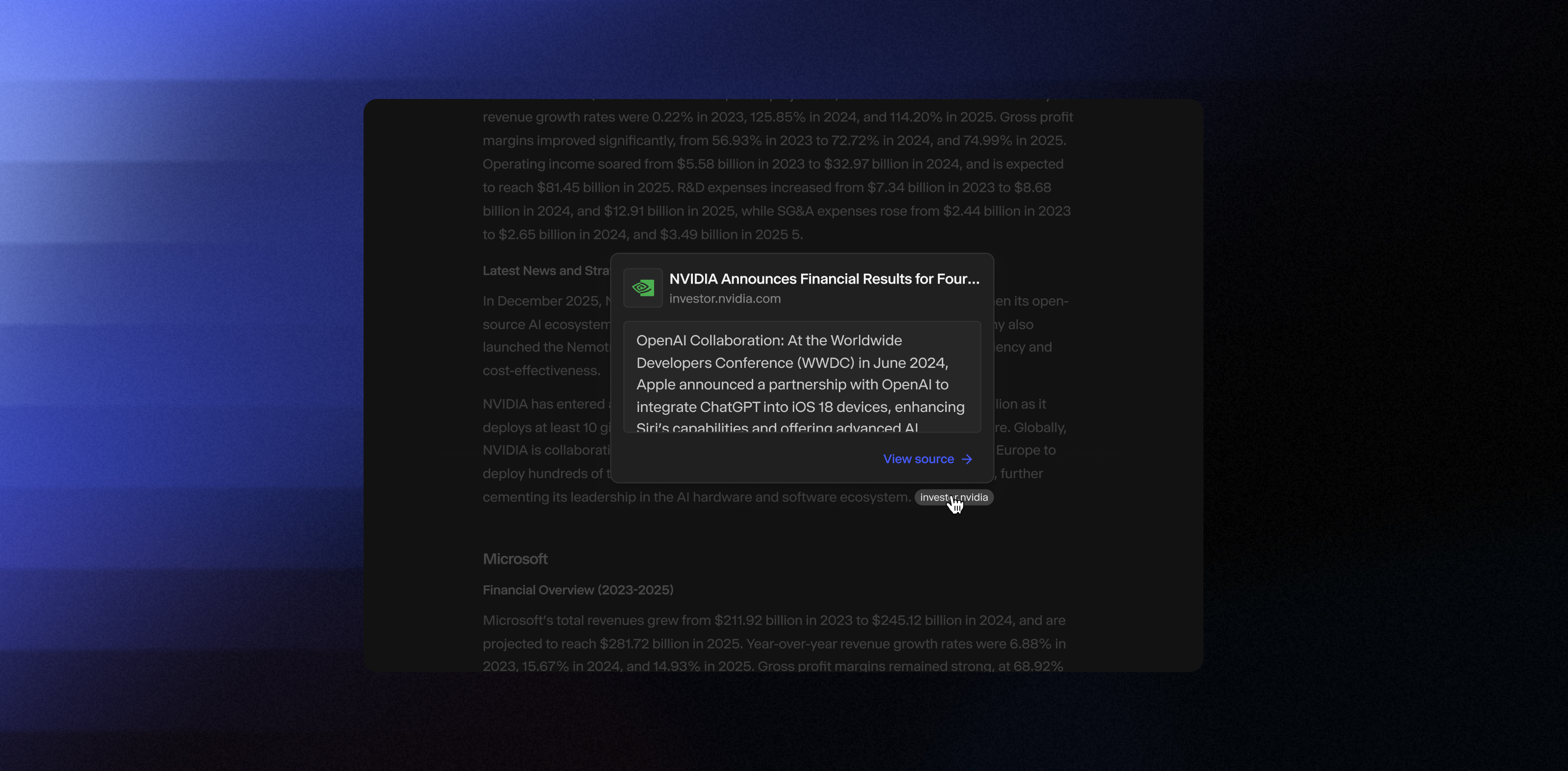 Image of citation previews in Hebbia that display the underlying source data without disrupting your workflow.