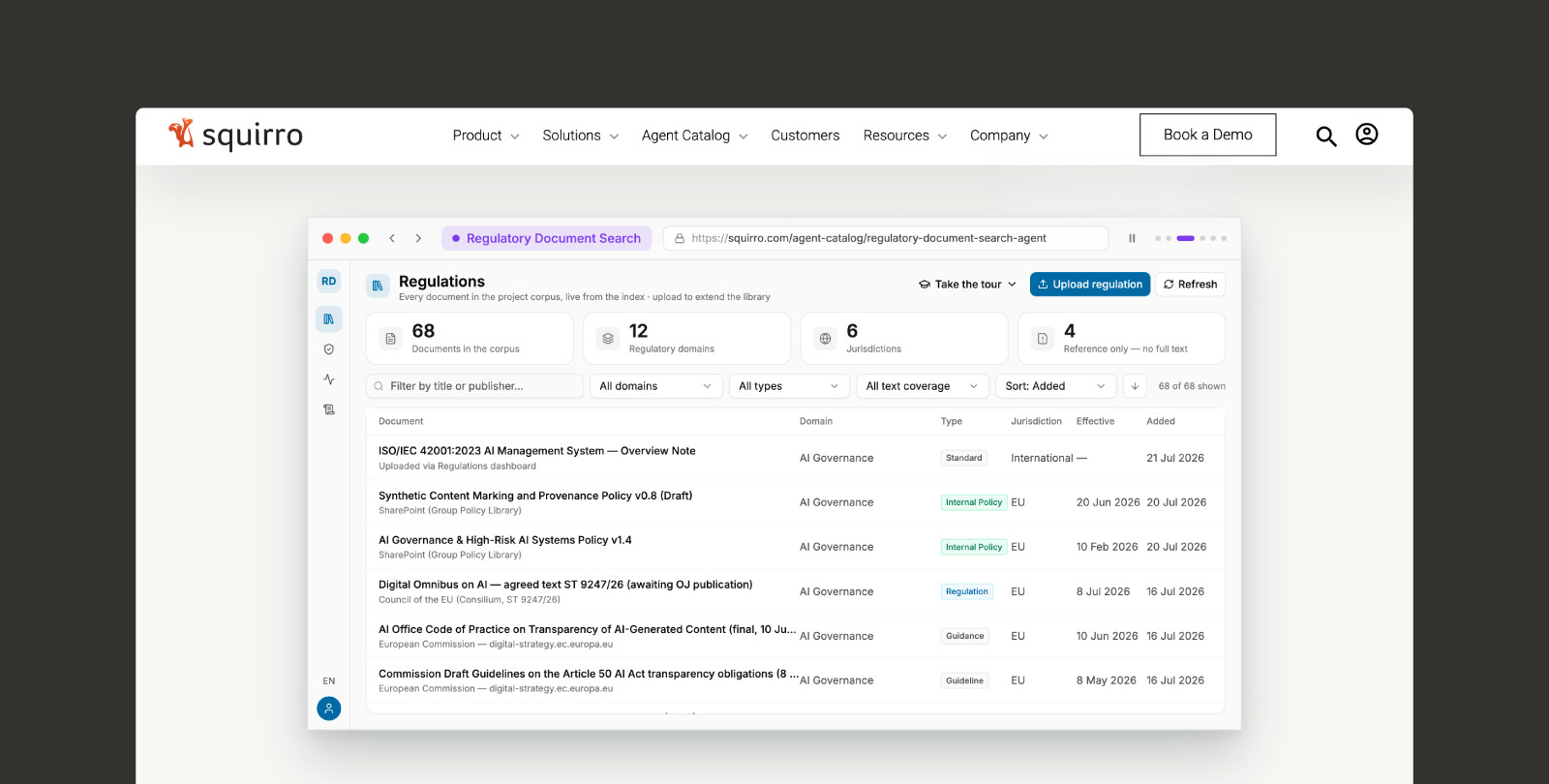 A screenshot of the Squirro website showcasing its product.