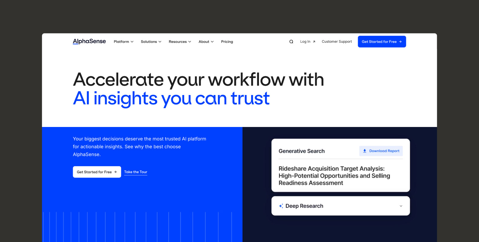 A screenshot of the AlphaSense homepage.