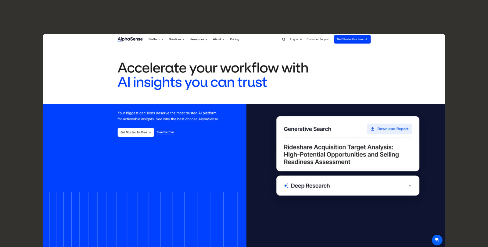 A screenshot of the AlphaSense homepage.