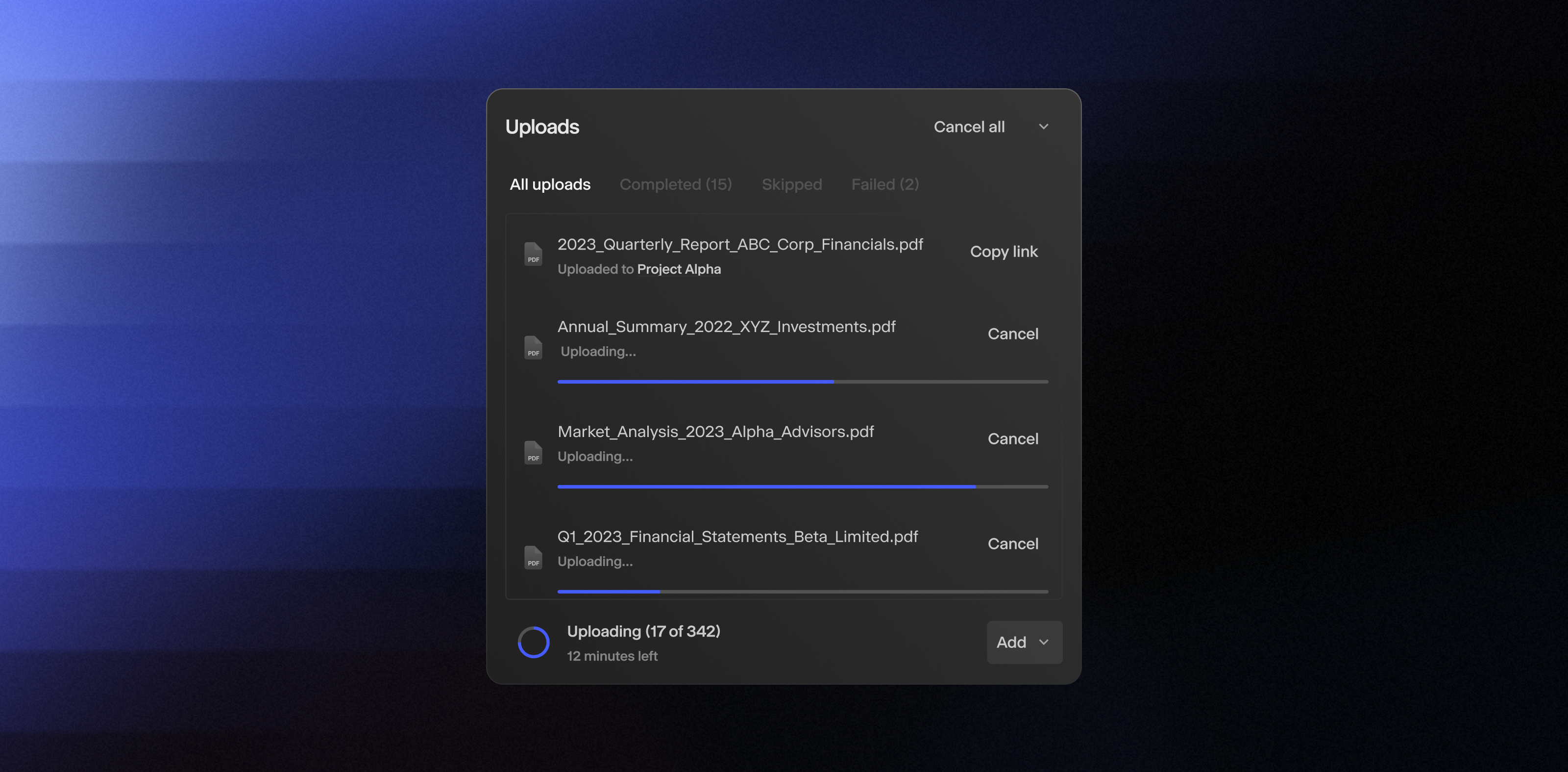 Upload large batches of files with clear progress tracking, visibility, and failure alerts.