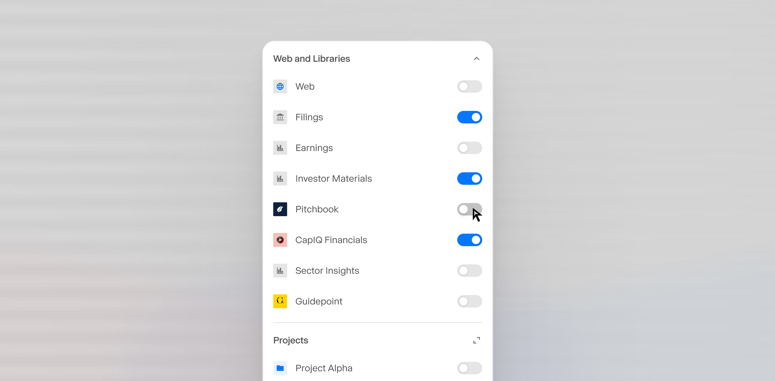 Control which public sources Hebbia pulls from by selecting earnings, filings, or investor presentations as standalone inputs.