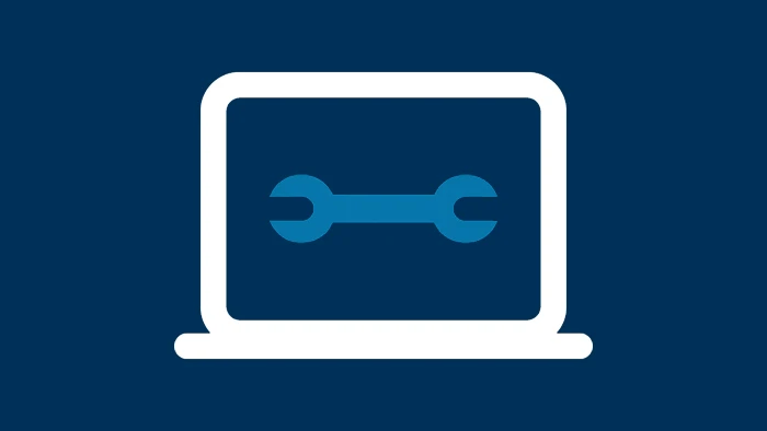 Simple icon of a laptop with a wrench symbol on screen against a dark blue background.