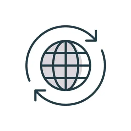 Dark green icon of a globe surrounded by circular arrows indicating global connectivity or worldwide exchange.