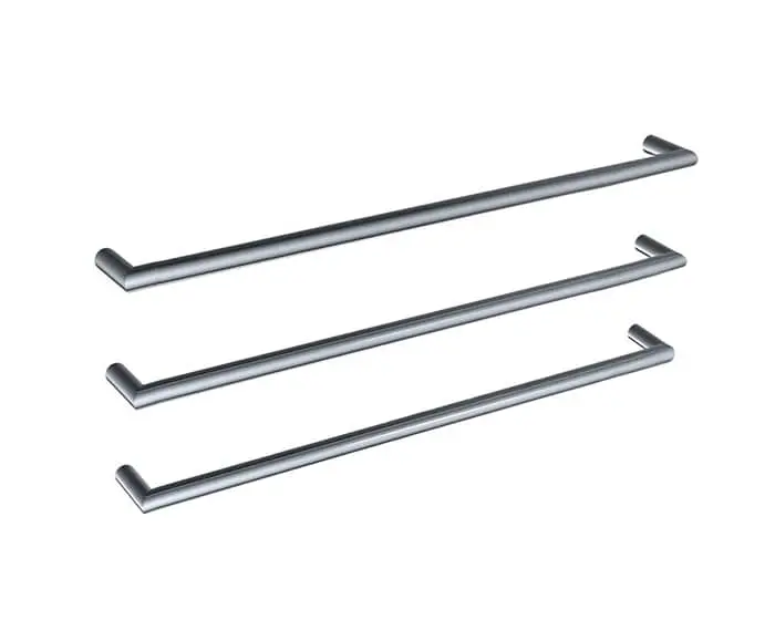 Three, horizontal Mizu Drift towel rails in stainless steel