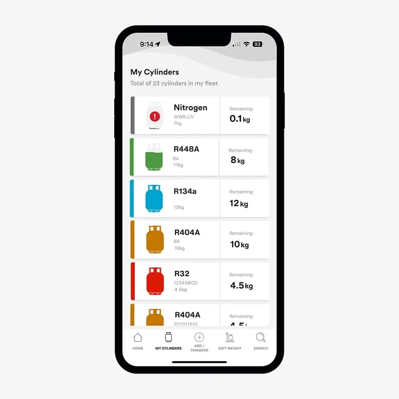 Smartphone screen showing "My Cylinders" app tracking 23 gas cylinders with remaining levels for Nitrogen, R448A, R134a, and others.