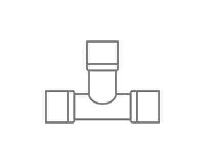 Simple gray line drawing of a T-shaped pipe fitting with connecting joints on three ends.