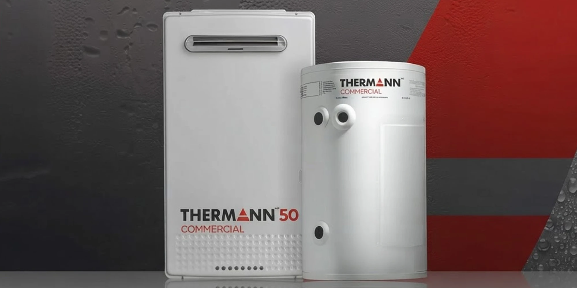 Thermann Commercial tankless water heater and white cylindrical storage tank on gray and red background.