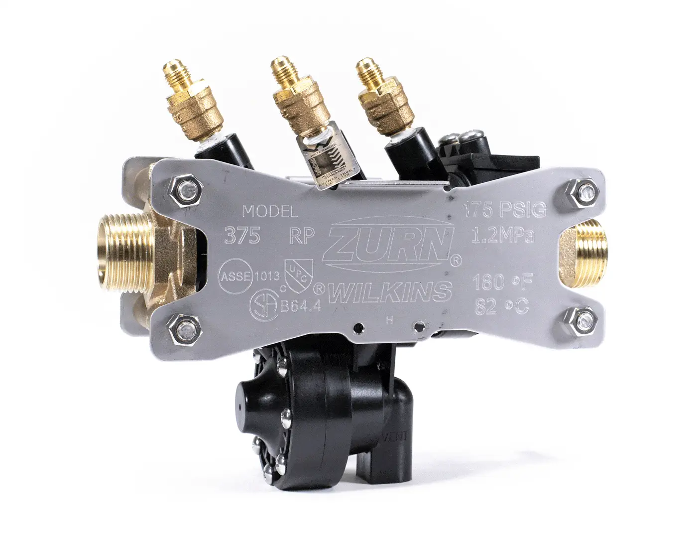 Zurn Wilkins Model 375 pressure regulator valve with brass fittings and black components on white background.