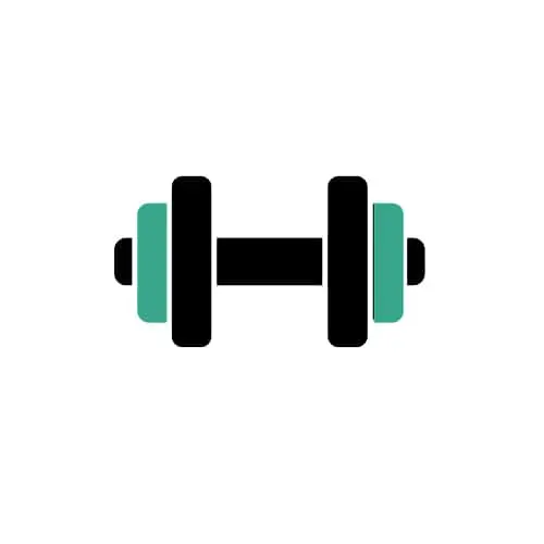 A black dumbbell with teal green weights on each end, shown as a simple icon.