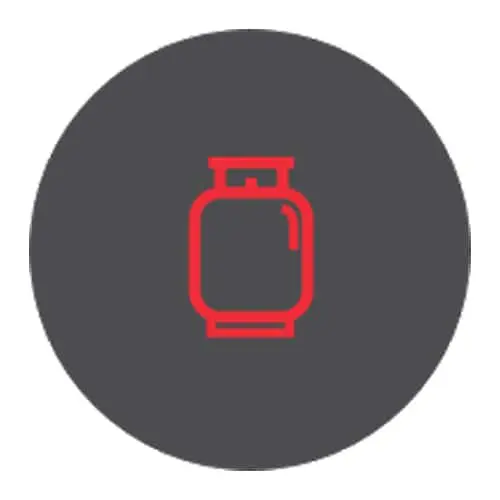 Red outline of a propane tank or gas cylinder on a dark gray circular background.