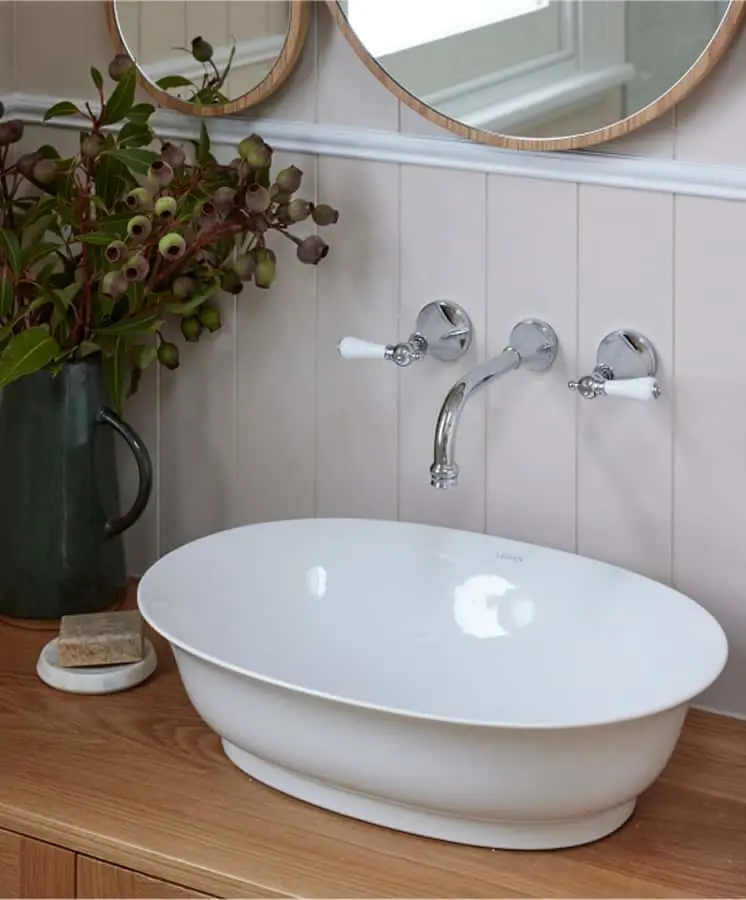 Bathroom sink with oval white basin, wall-mounted chrome faucet, green plant in pitcher, and round mirrors above.