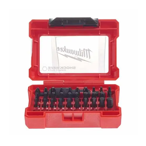 Red Milwaukee tool case containing a set of black drill bits or screwdriver bits arranged in rows.
