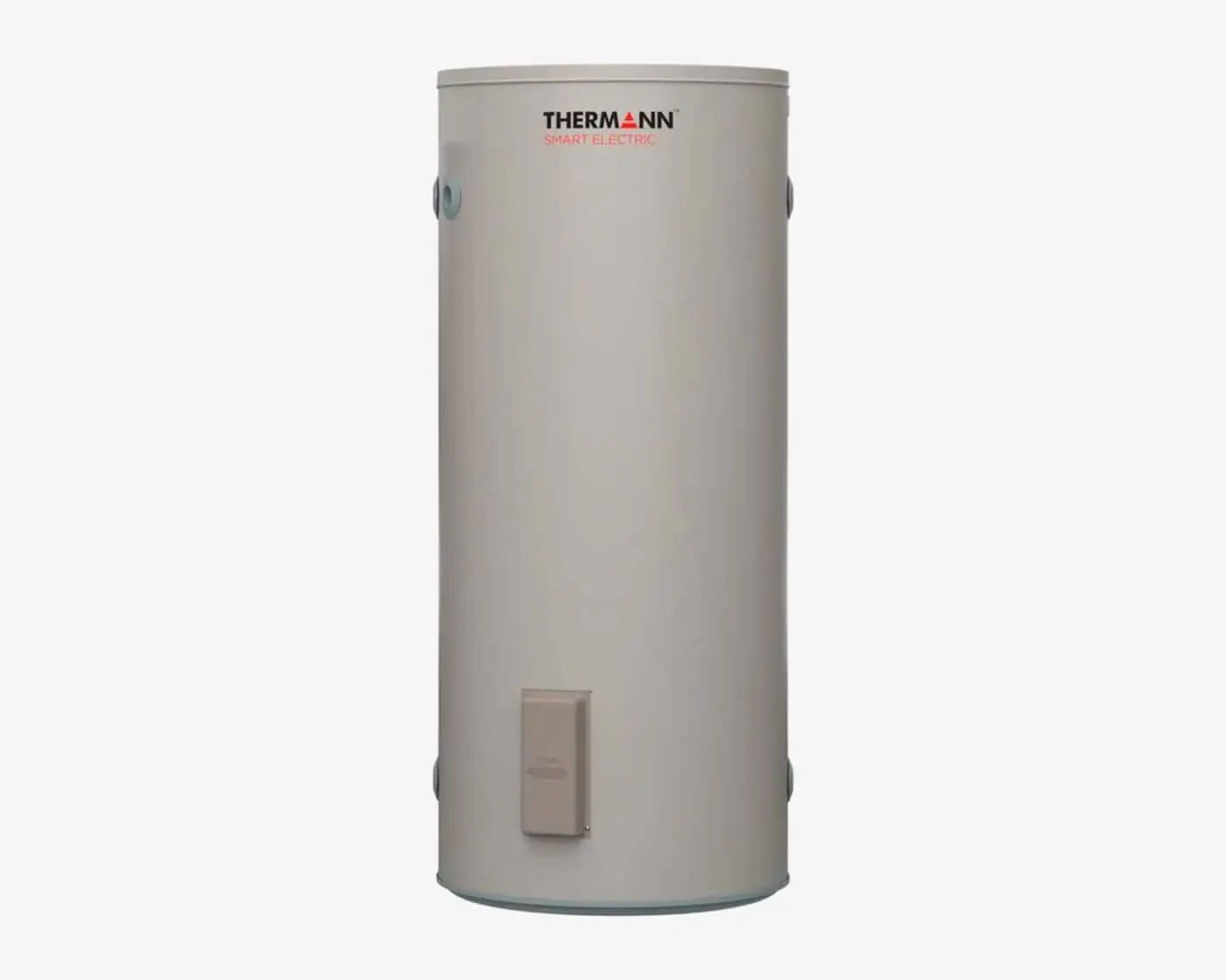 Cylindrical Thermann Smart Electric water heater in light gray with red logo and control panel at bottom