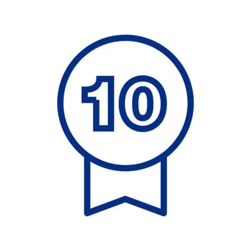 Blue outline icon of a ribbon badge with the number 10 inside a circle