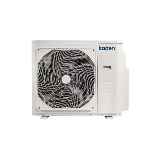 White Kaden brand outdoor air conditioning unit with circular fan grille mounted on exterior wall.