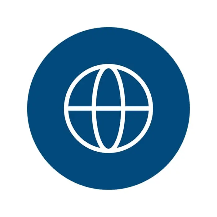 White globe icon on a circular blue background, representing worldwide.