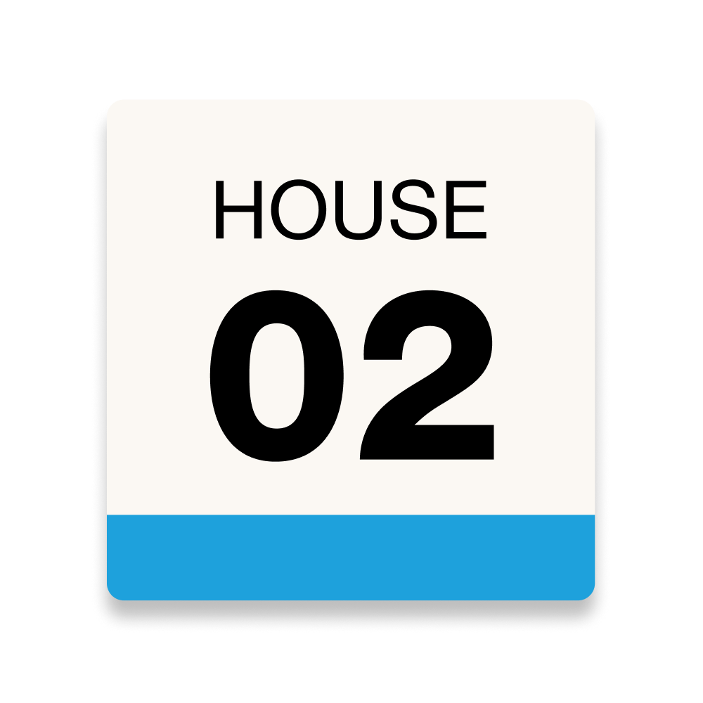 Square sign with "HOUSE 02" in black text on white background with blue bottom border.
