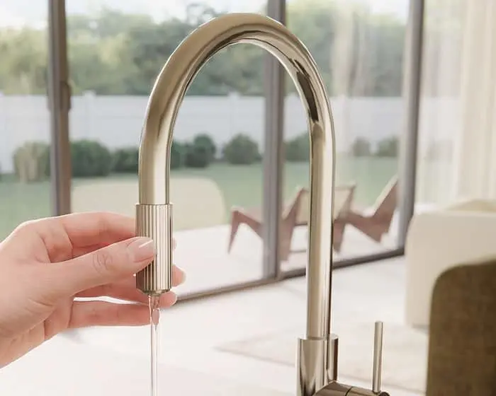 A hand holding a polished silver pull-down kitchen faucet sprayer with water flowing, near soap dispensers on a countertop.