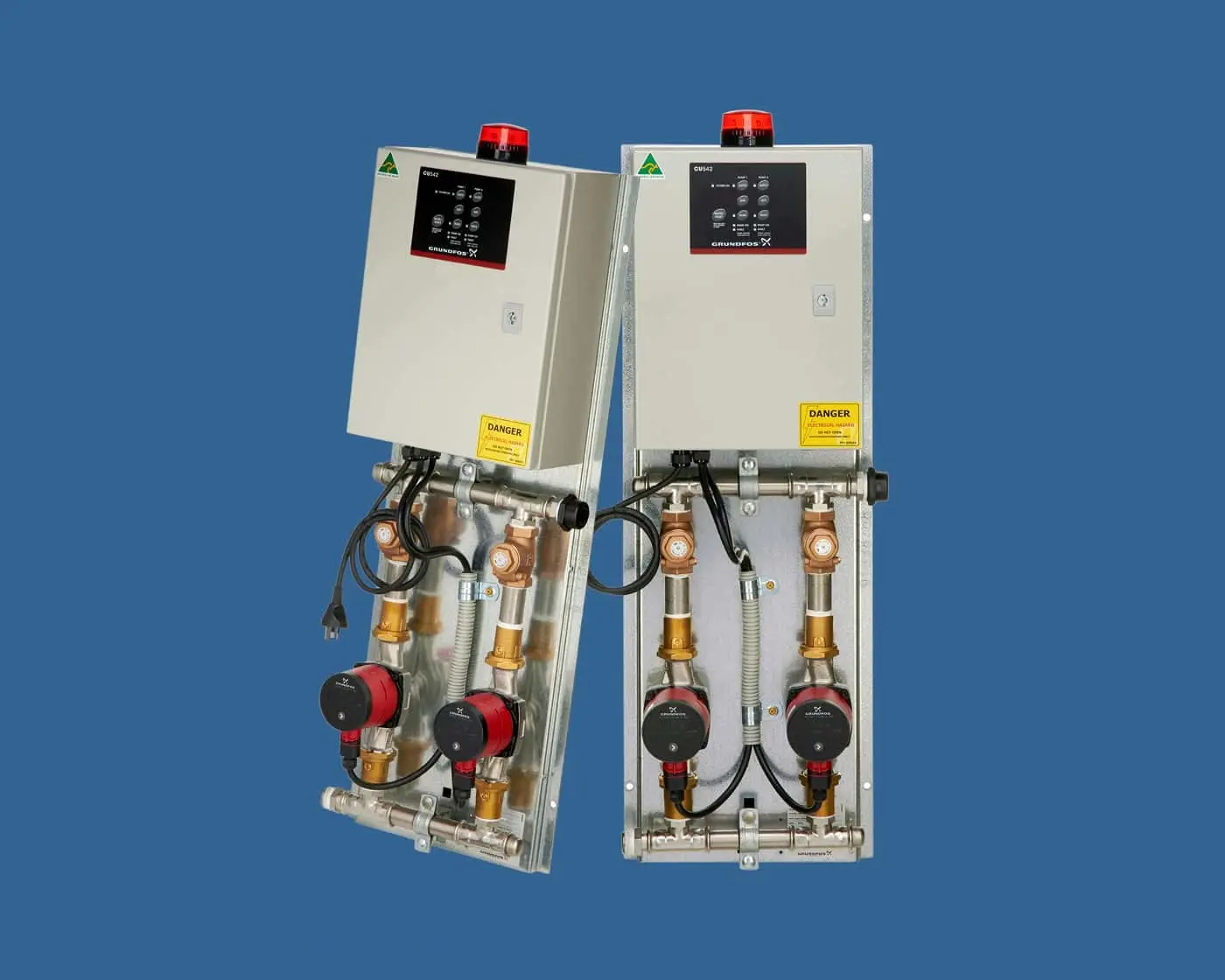 Two industrial control panels with red warning lights, control interfaces, and plumbing components against a blue background.