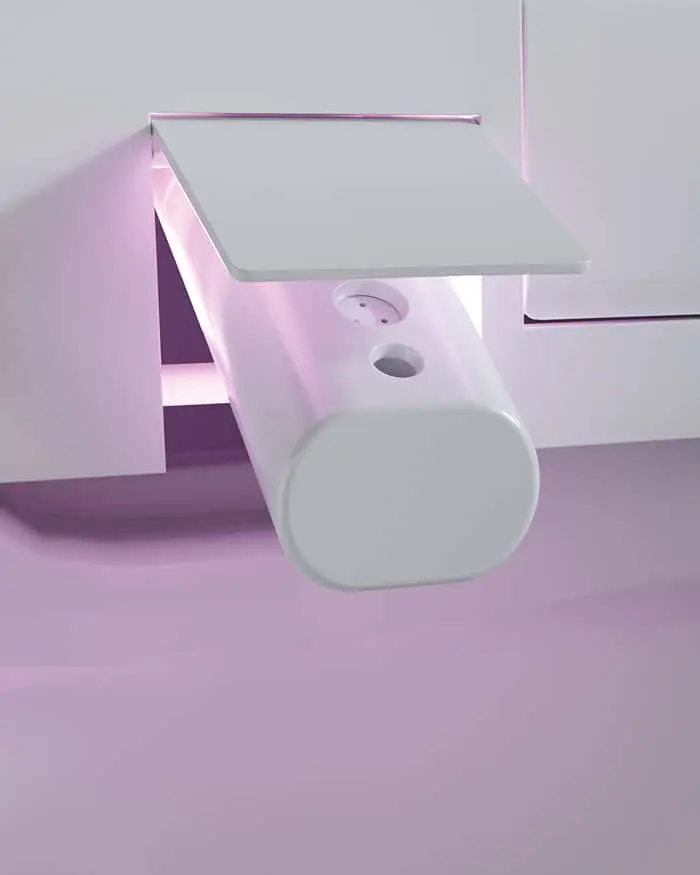 Smart toilet self-cleaning nozzle, with purple light.