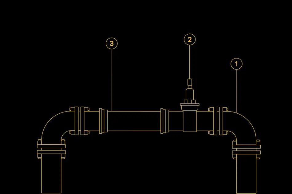 Gold line drawing of industrial pipe system with valve and numbered components (1-3) on black background.