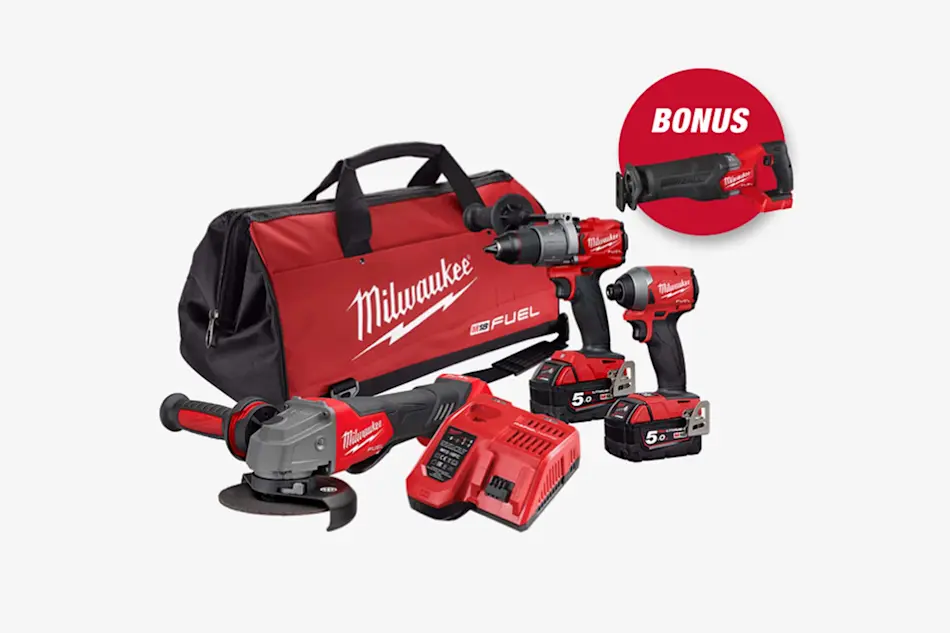 Milwaukee power tool set with drill, impact driver, angle grinder, batteries, charger and tool bag, with bonus item.