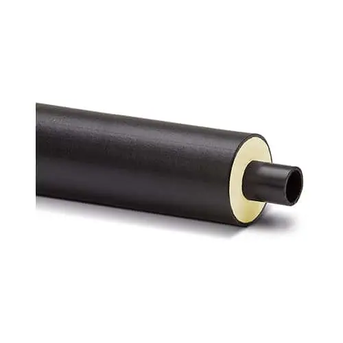 Black insulated pipe with cream-colored foam layer and smaller black pipe visible at one end.