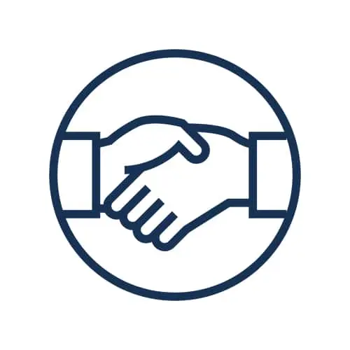 Dark blue line icon of a handshake inside a circle, representing agreement or partnership.