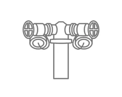 Gray line drawing of a plumbing fixture with dual valve handles mounted on a vertical pipe.