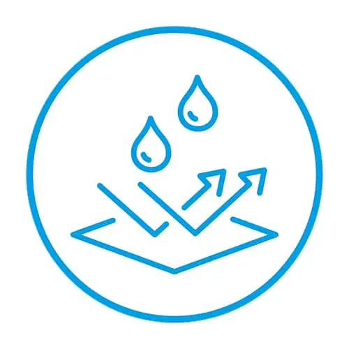 Blue circular icon showing water droplets above a surface with directional arrows indicating water resistance or repellent properties.