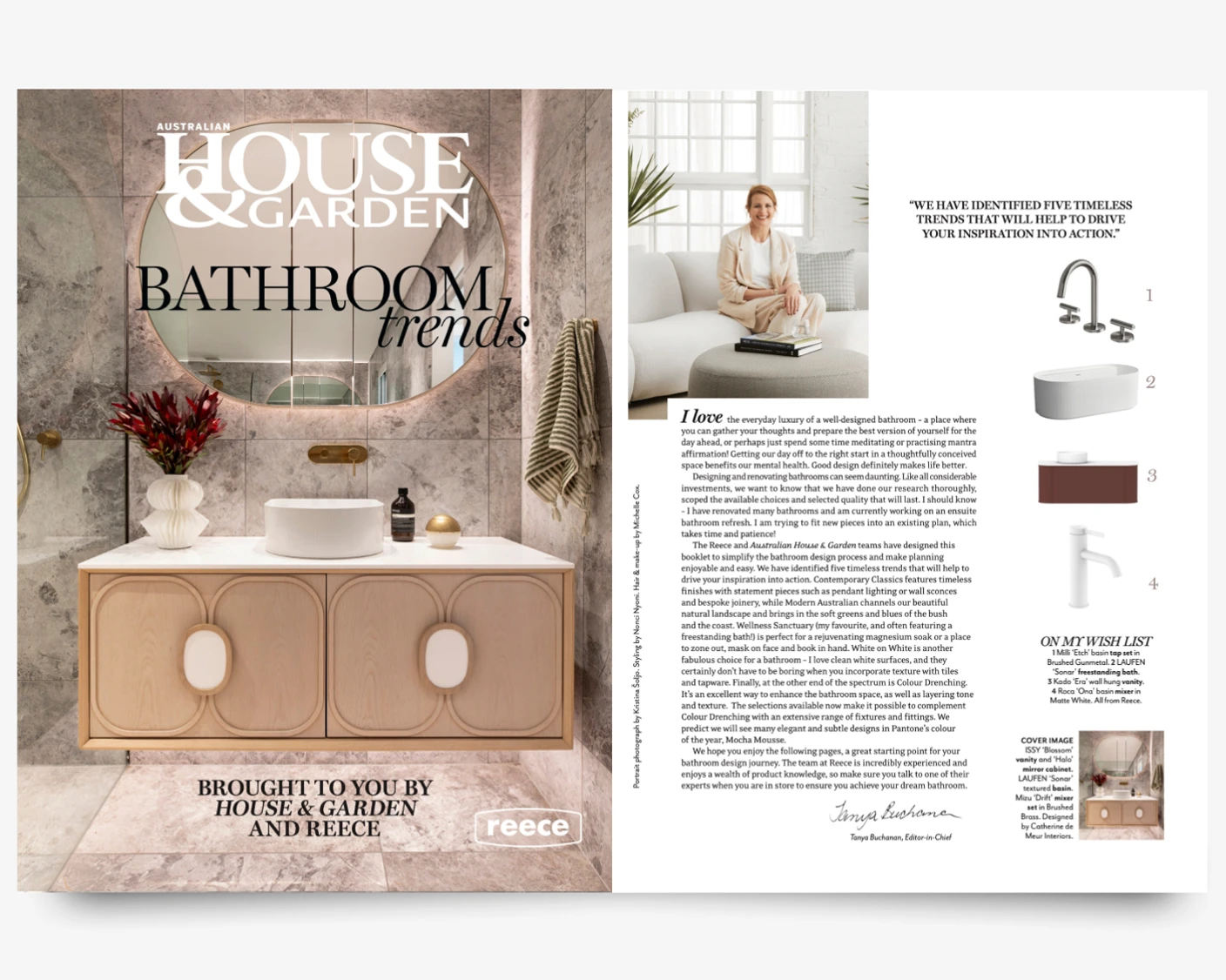 Australian House & Garden magazine spread featuring bathroom trends with marble design, modern fixtures, and product recommendations.