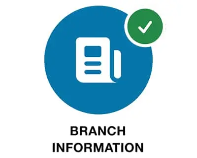 Blue circular icon with document symbol and green checkmark, labeled "BRANCH INFORMATION" below.