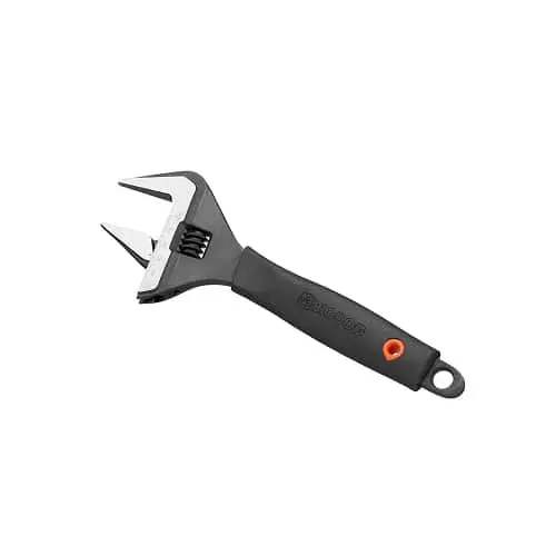 Adjustable wrench with black handle and orange accent, featuring a wide jaw opening and thumb adjustment wheel.