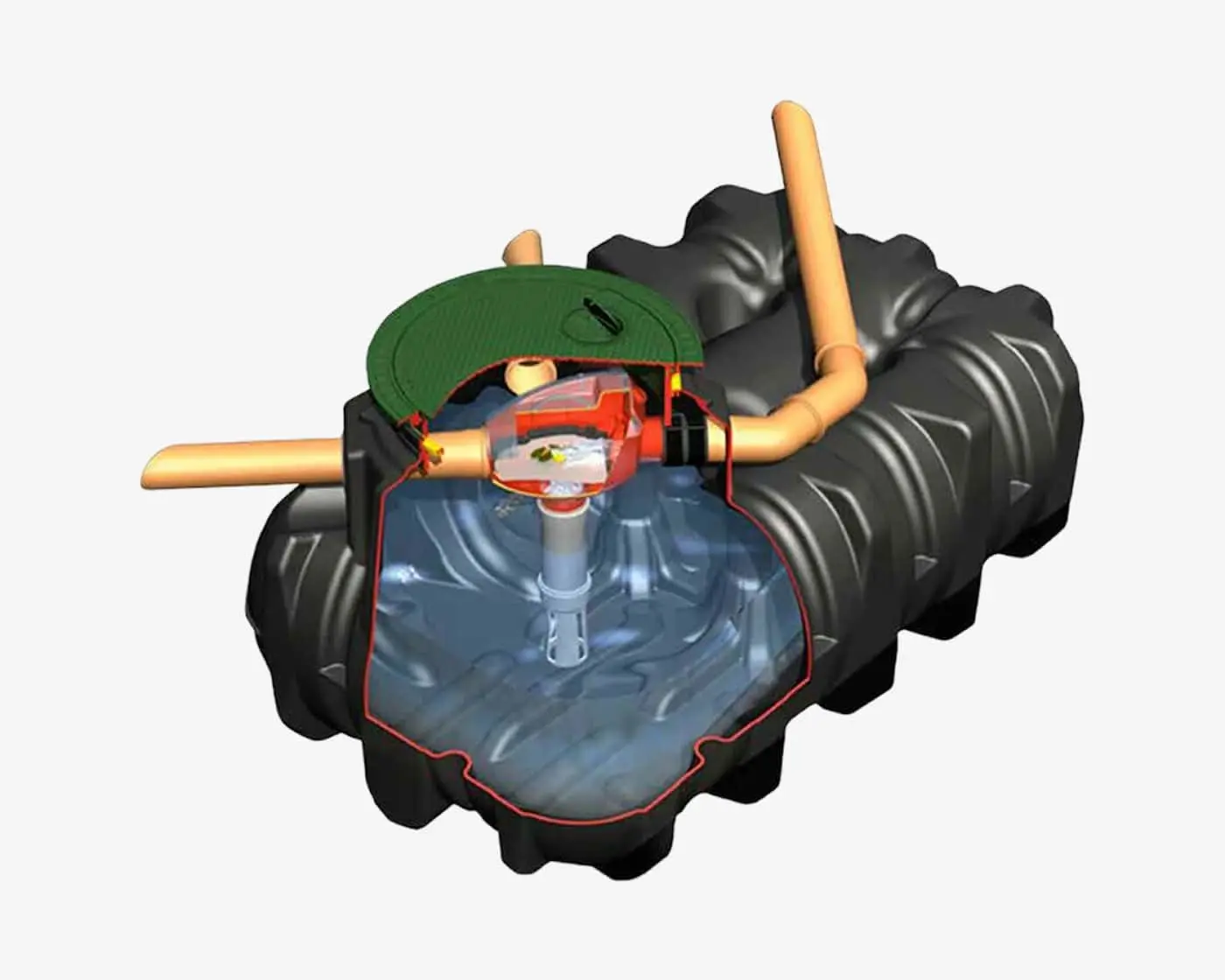 Cross-section diagram of a black water tank system showing internal components with blue water and orange pipes.