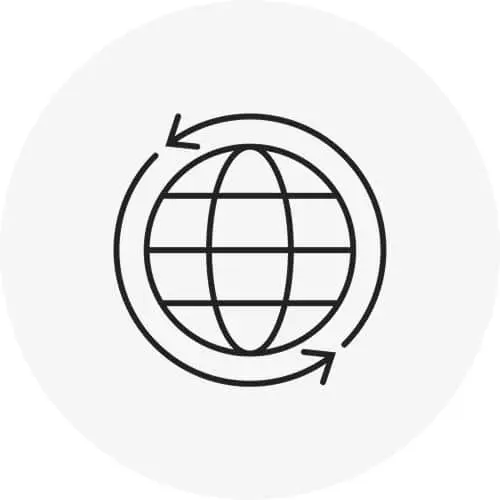 Simple black line drawing of a globe with circular arrows around it indicating global connectivity or worldwide reach.