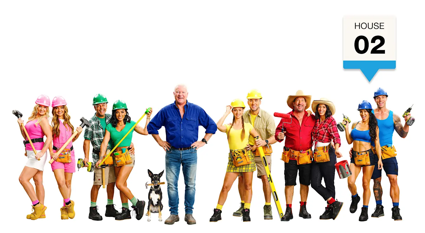 Group photo of The Block 2026 contestants, holding tools like hammers and drills, wearing hard hats. Text reads House 02 and points to the couple wearing blue.