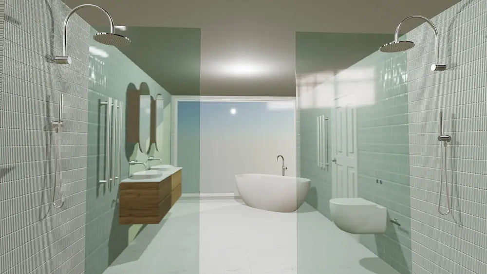 Modern bathroom with mint green tile walls, dual rainfall showers, freestanding tub, wooden vanity, and wall-mounted toilet.