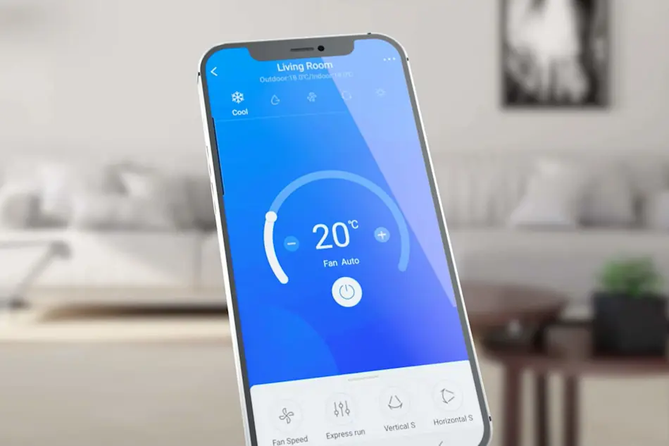Smartphone displaying smart home app with air conditioning control set to 20°C in cooling mode with auto fan setting.