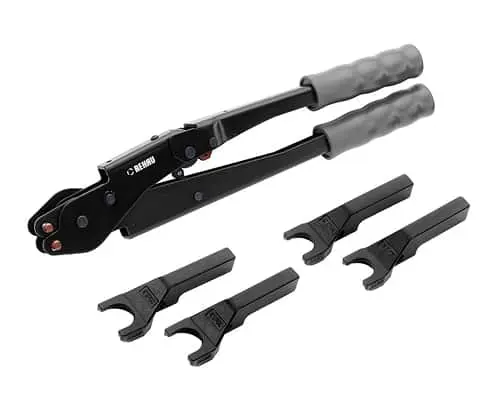 Black hand riveter tool with gray handles and four interchangeable attachment heads displayed below it.