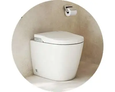 Modern white toilet with closed lid in a circular frame with beige walls and toilet paper holder above.