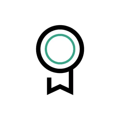 Simple icon of an award or achievement badge with a black outline and teal inner circle.