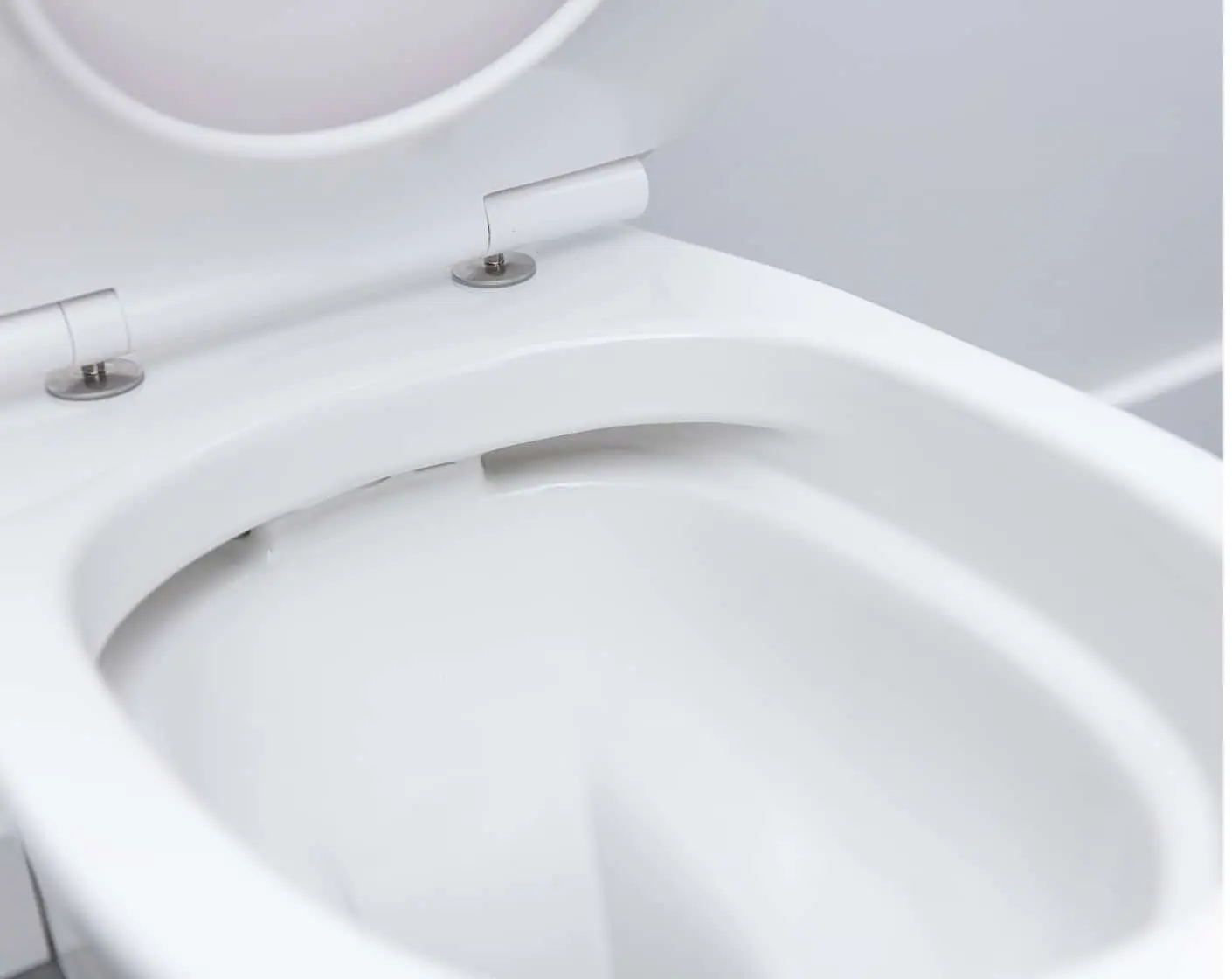 Close-up of a white toilet bowl with seat and lid, showing metal hinges against a light gray background.